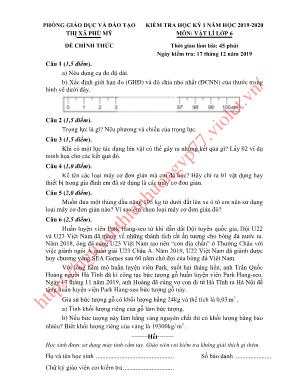 Đề kiểm tra học kỳ I môn Vật lí Lớp 6 - Năm học 2019-2020 - Phòng giáo dục và đào tạo Thị xã Phú Mỹ (Có đáp án)